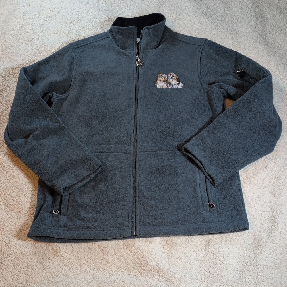 Vintage Danbury Mint Shih Tzu Dog Fleece Jacket Medium Full Zip Teal Gray Y2K
